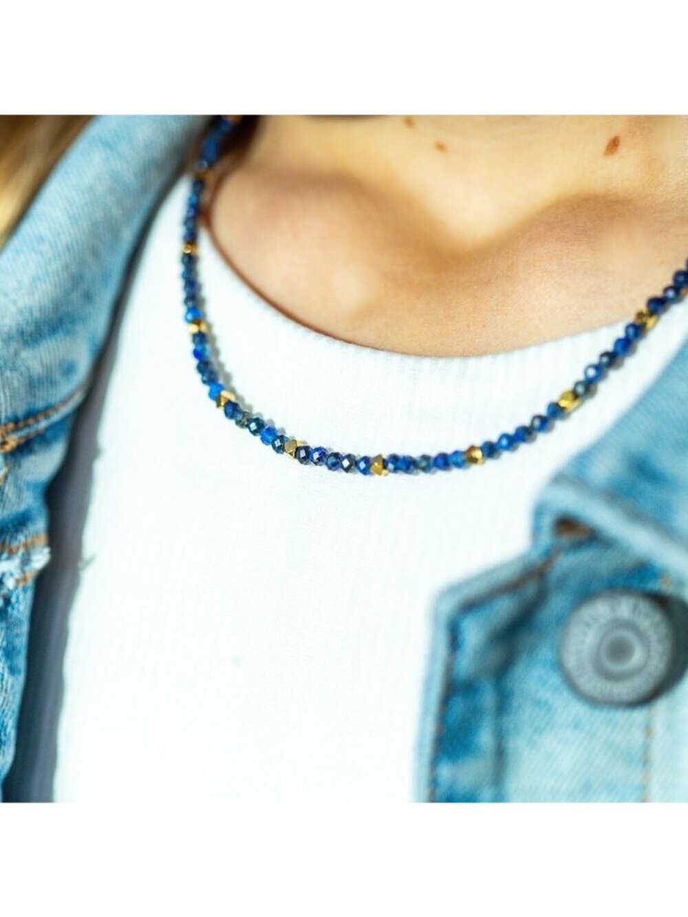 Dainty Gemstone Beaded Necklace Waterproof Gold Beads Turquoise or Lapis Lazuli